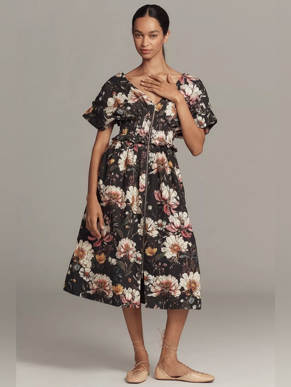 By Anthropologie V-Neck Zip-Front Midi Dress Size S